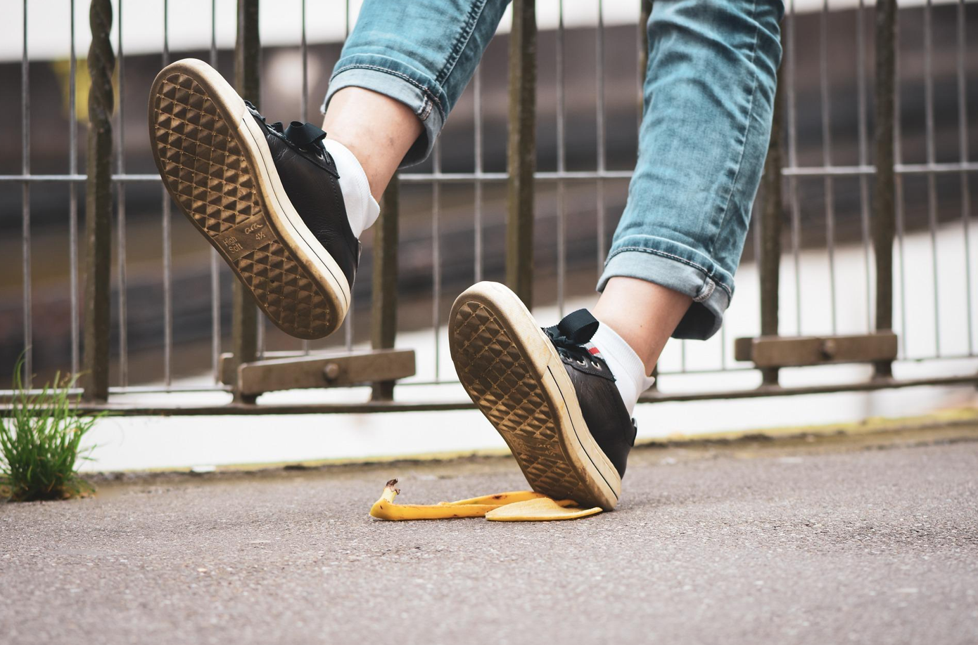 Person slipping on banana peel; image by Alexas Fotos, via Pixabay.com.