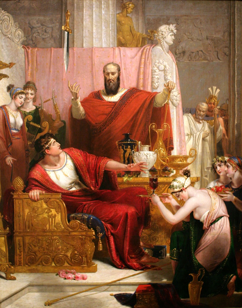 A young man, attended by servants and dressed in finery, reclines on a throne with a sword dangling above his head.
