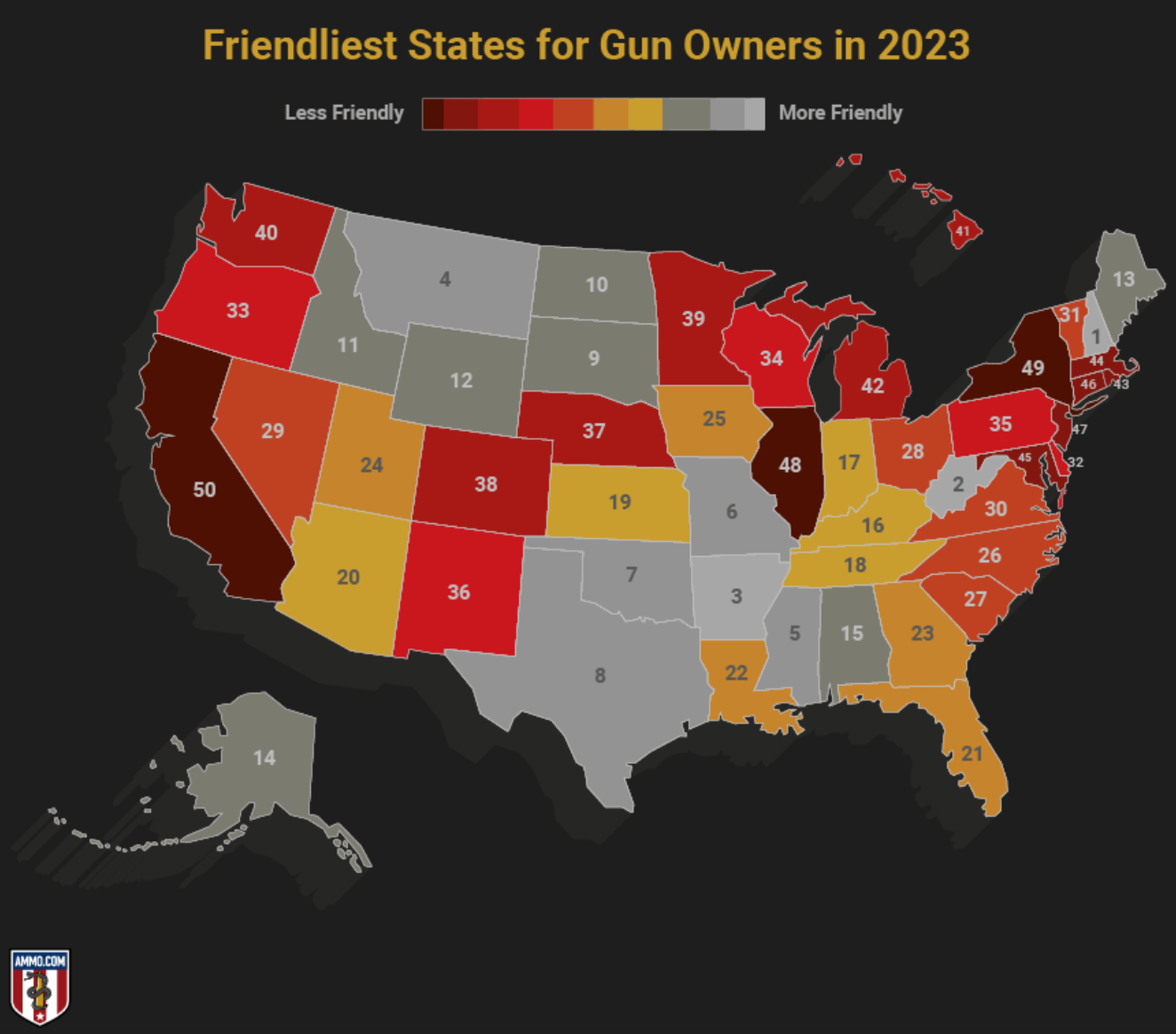 Map of Friendliest States for Gun Owners in 2023; courtesy of Ammo.com.