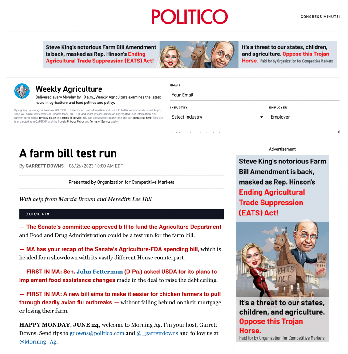 Politico Weekly and Morning Ag the Week of June 26-30; courtesy of OCM.