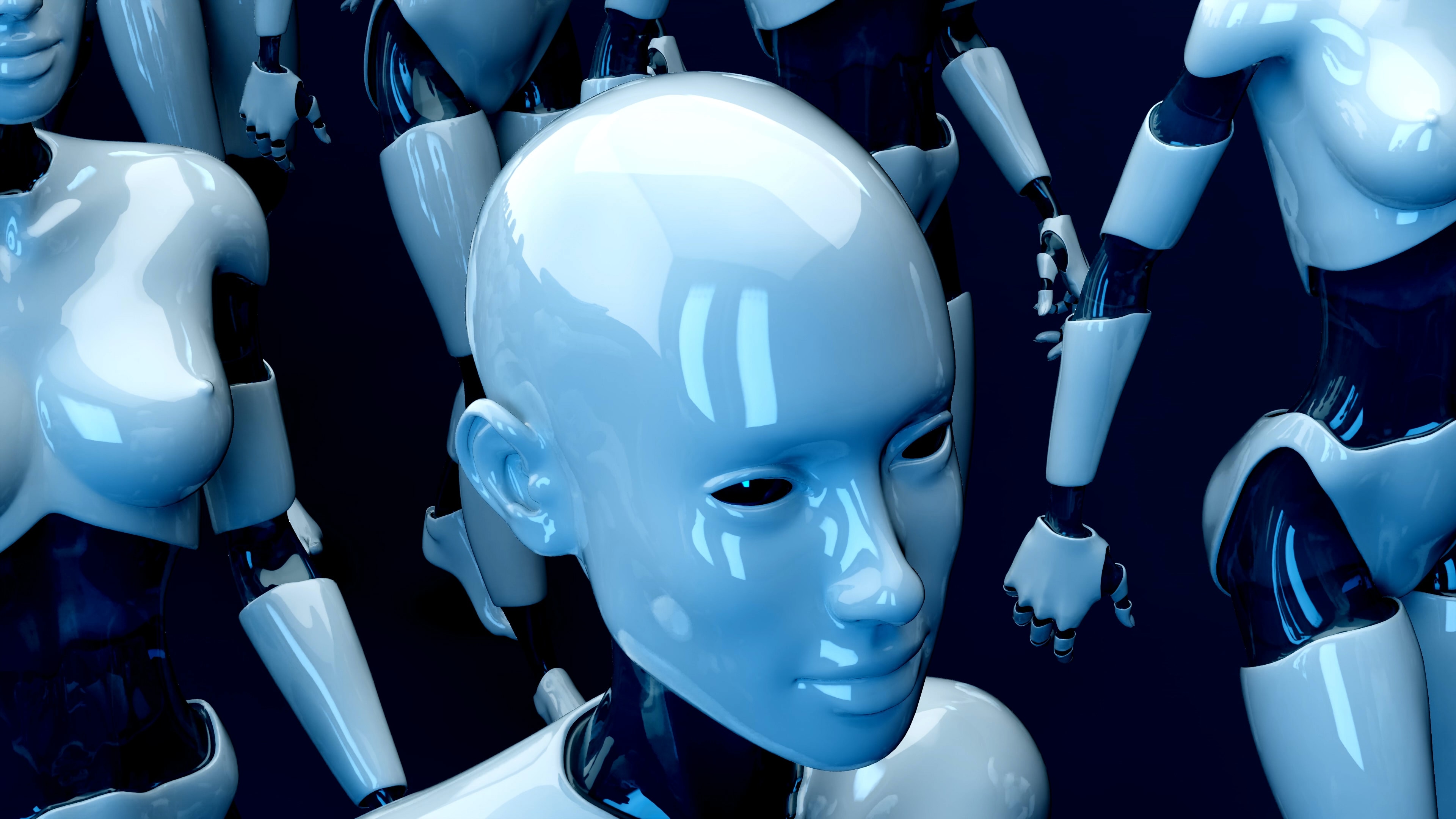 A 3-D rendering of woman-shaped robots.