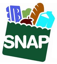 SNAP logo graphic, of a stylized grocery bag holding bread, milk, eggs, fruit and vegetables.