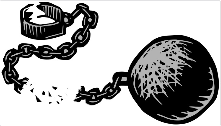 A cartoon ball and chain, with the cuff and the chain broken apart.
