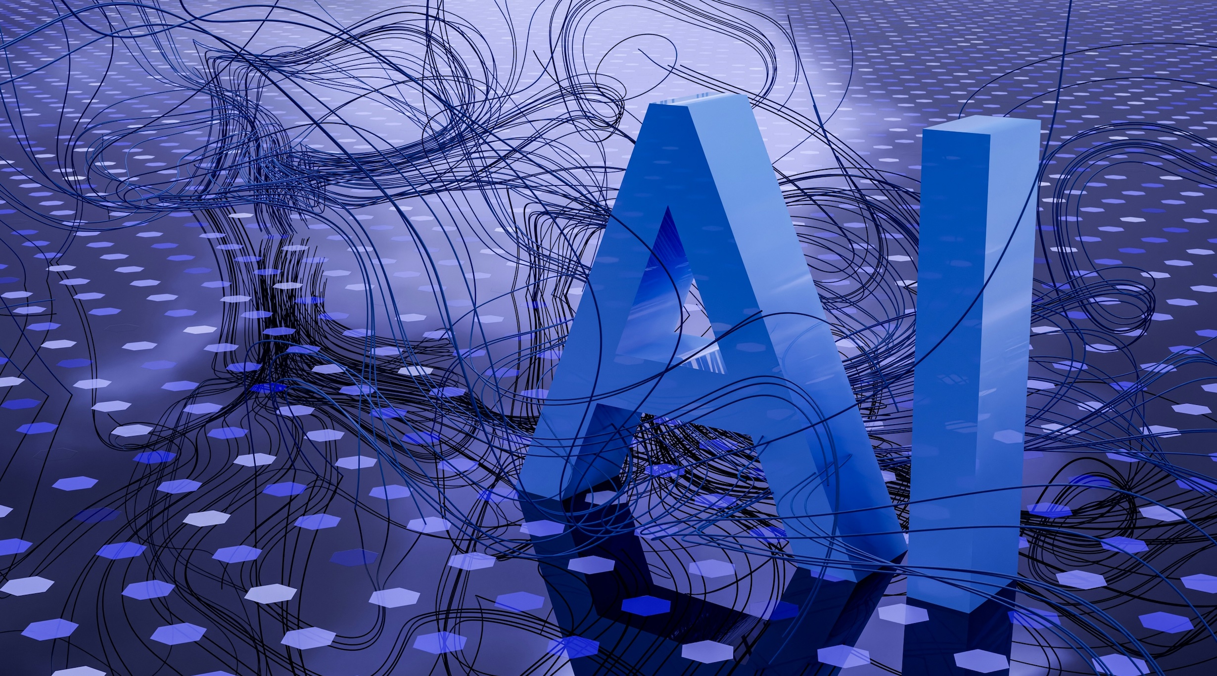 AI in blue letters on background of shades of blue with wire-like lines around letters; image by Steve Johnson, via Unsplash.com.