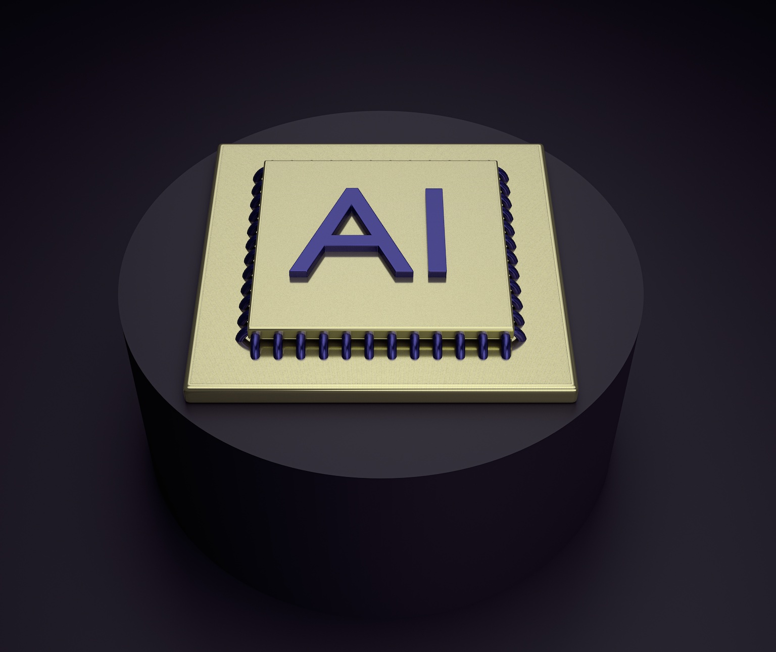 AI in blue letters on gold chip; image by Mohamed Nohassi, via Unsplash.com.