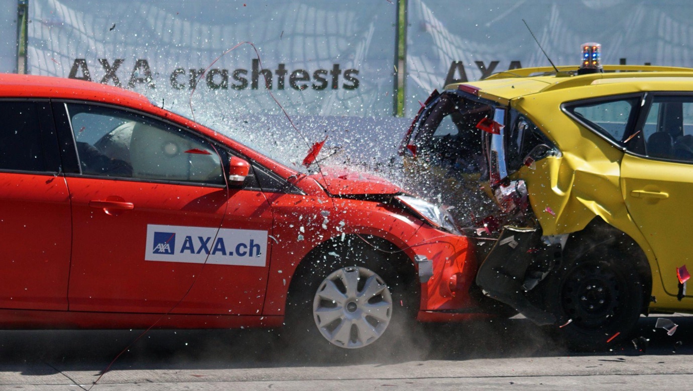 Crash test of one car hitting another from the rear; image by Pixabay, via Pexels.com.