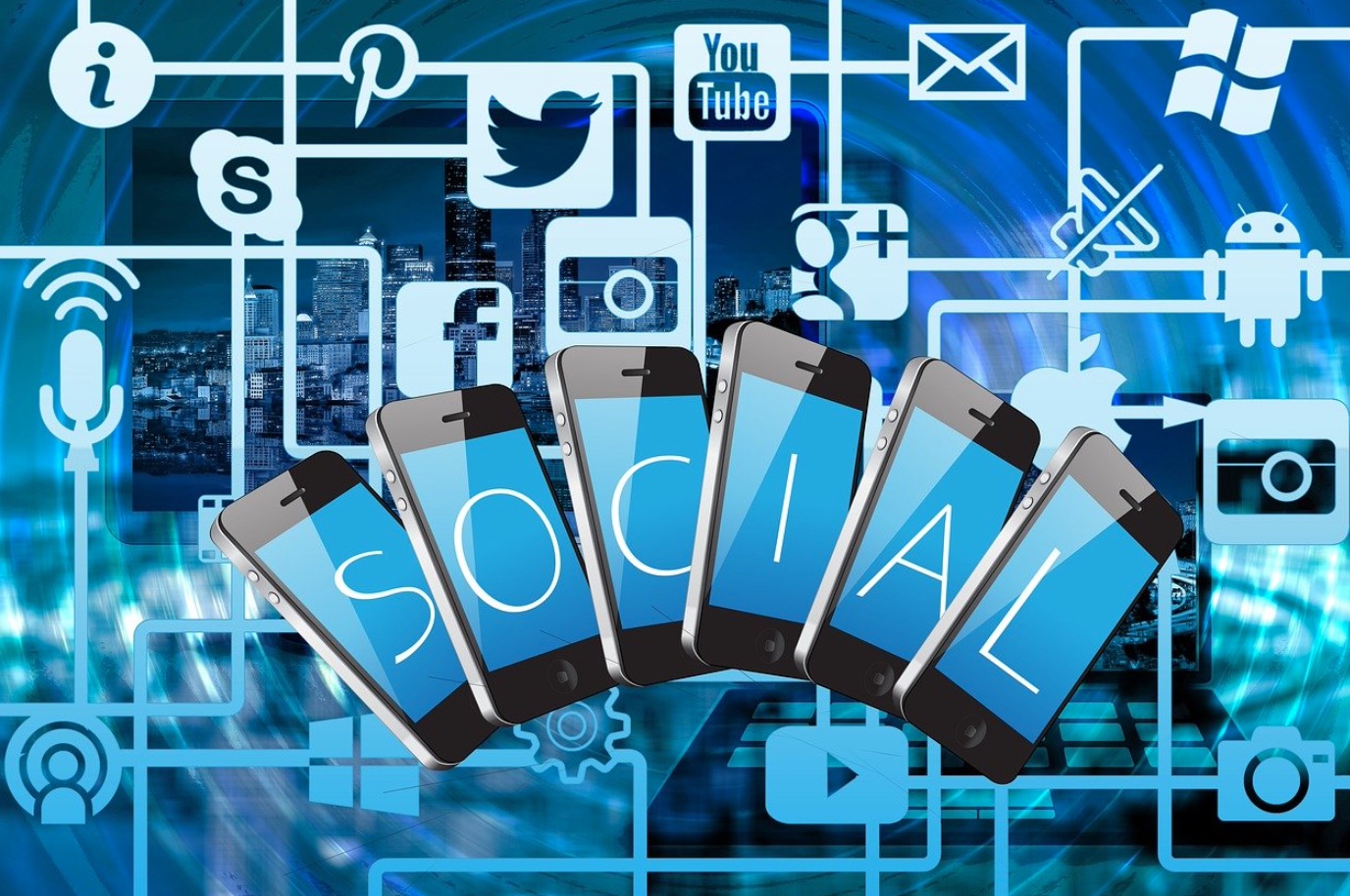 Graphic showing social spelled out one letter at a time on six phone screens, with a background of different social media icons; image by Geralt, via Pixabay.com.