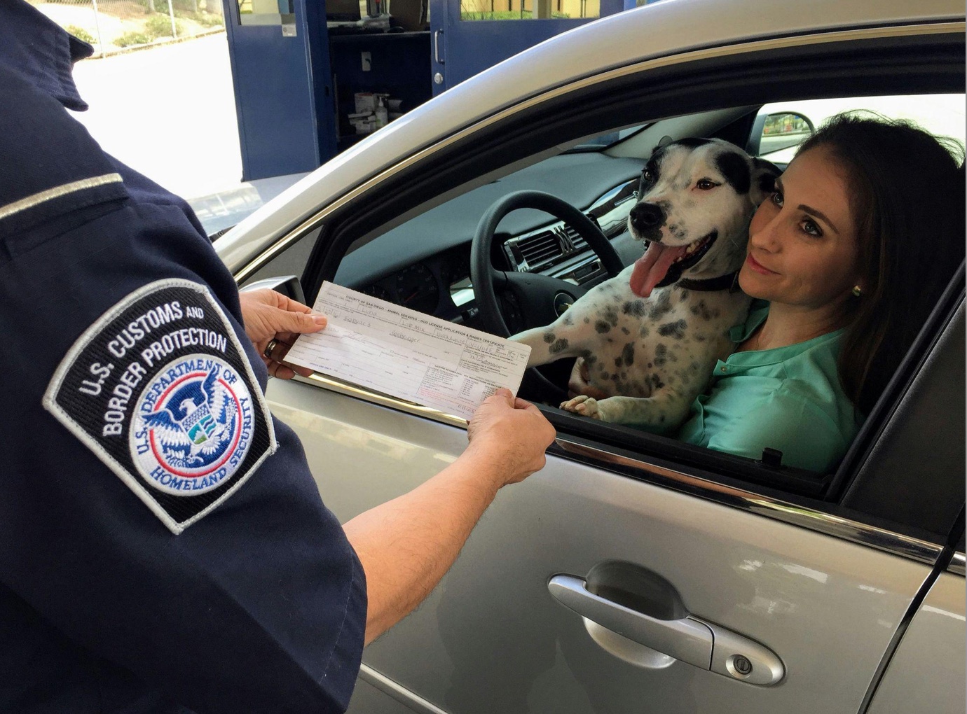 Woman in car wearing green shirt holding white and black short coated dog; image by CDC, via Unsplash.com.