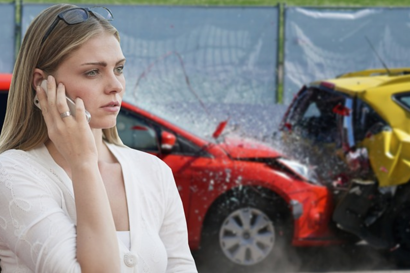 Woman on cellphone after witnessing car accident; image by Tumisu, via Pixabay.com.