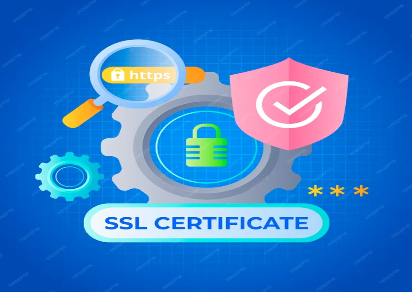 Graphic featuring various symbols of cybersecurity with the words SSL Certificate underneath; graphic by Freepik, via Freepik.com.