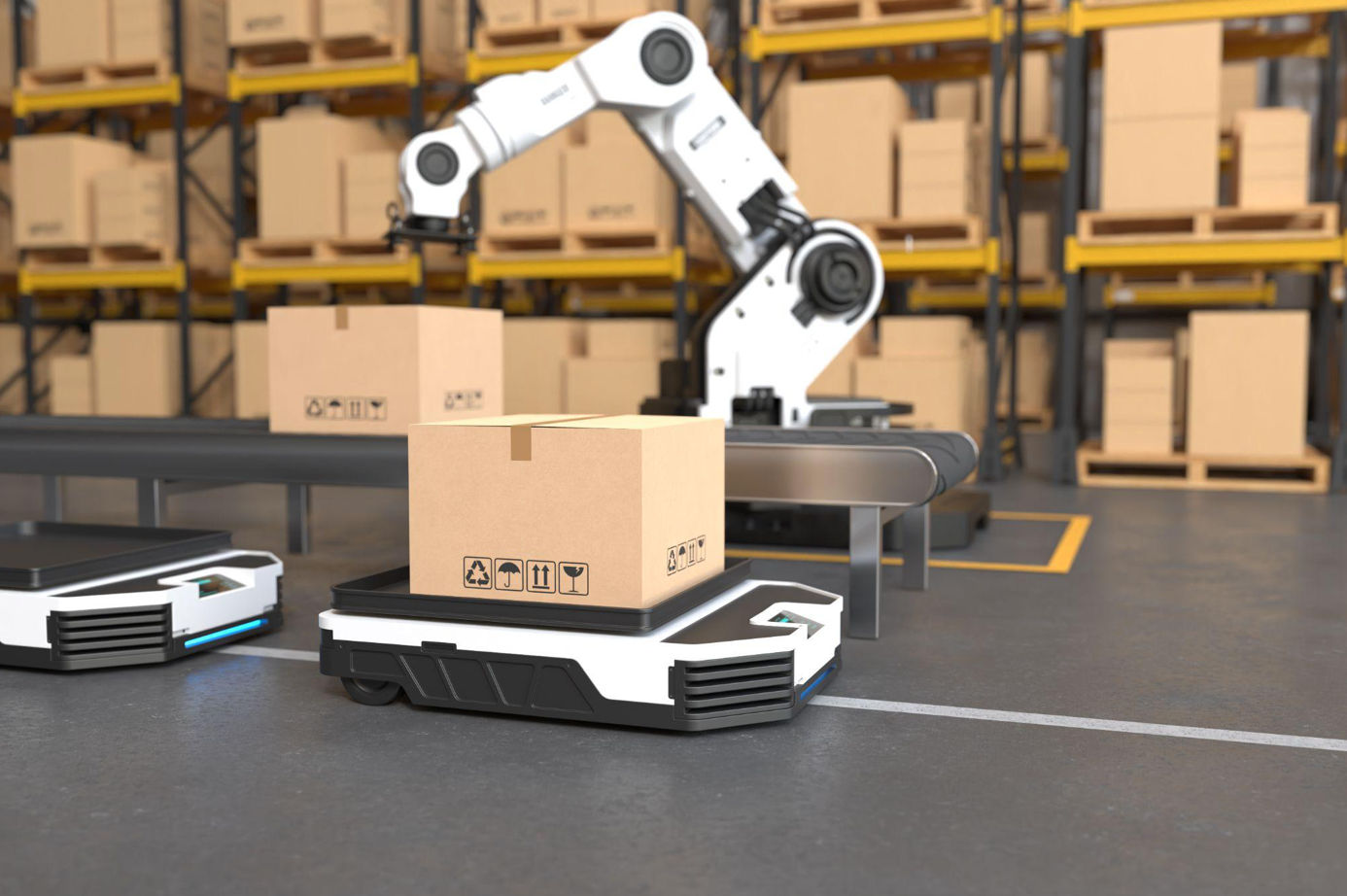 Robot arm picking up box autonomously; image by User6702303, via Freepik.com.