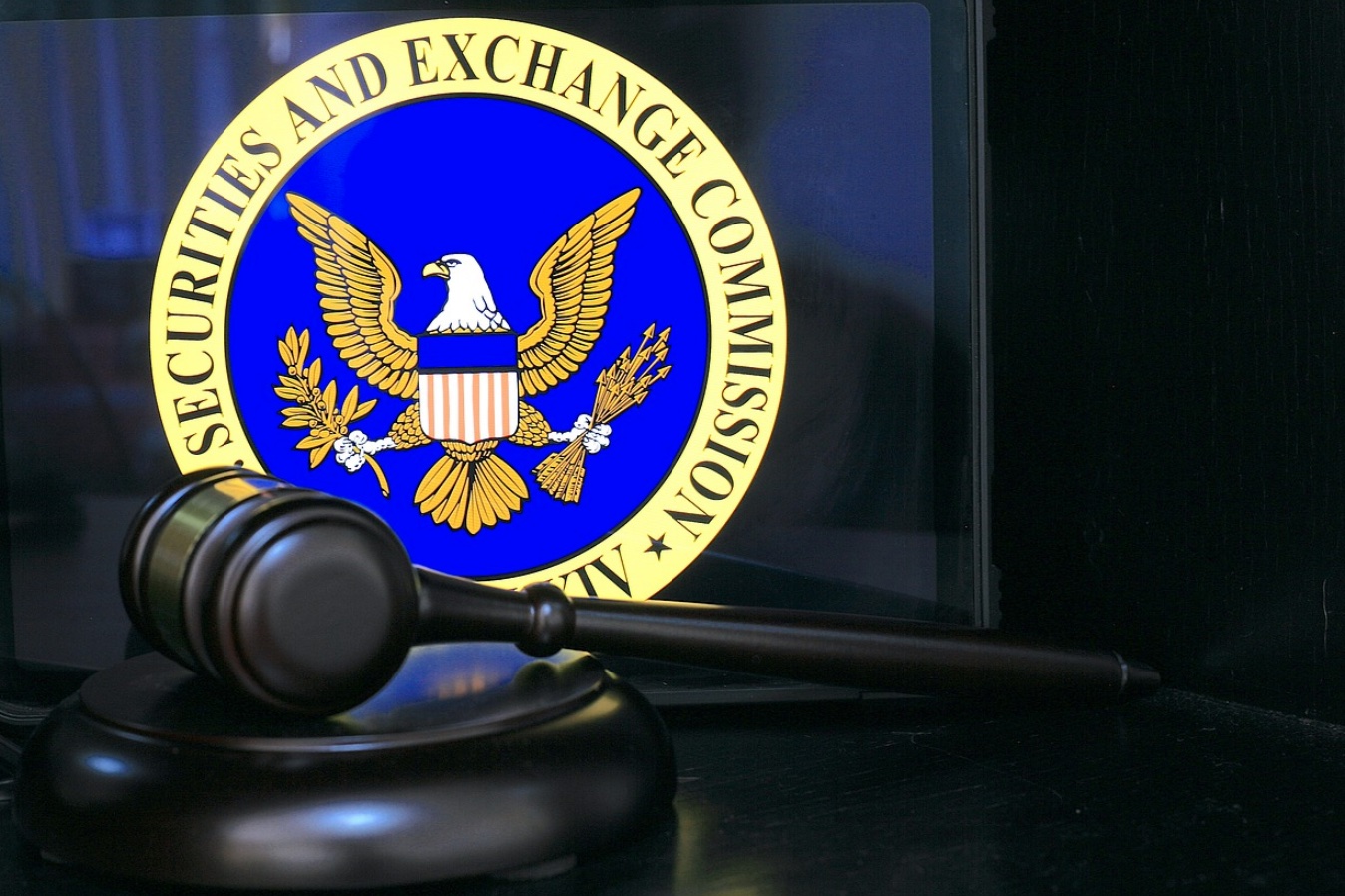 Seal of the US SEC with gavel in front of it; image by sergeitokmakov, via Pixabay.com.