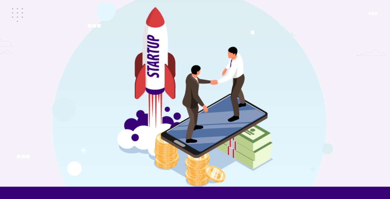 Graphic of a smartphone laying across coins and a stack of paper money, with two men standing on it shaking hands while a rocket with "Startup" written on the side blasts off; image by Macrovector, via Freepik.com.