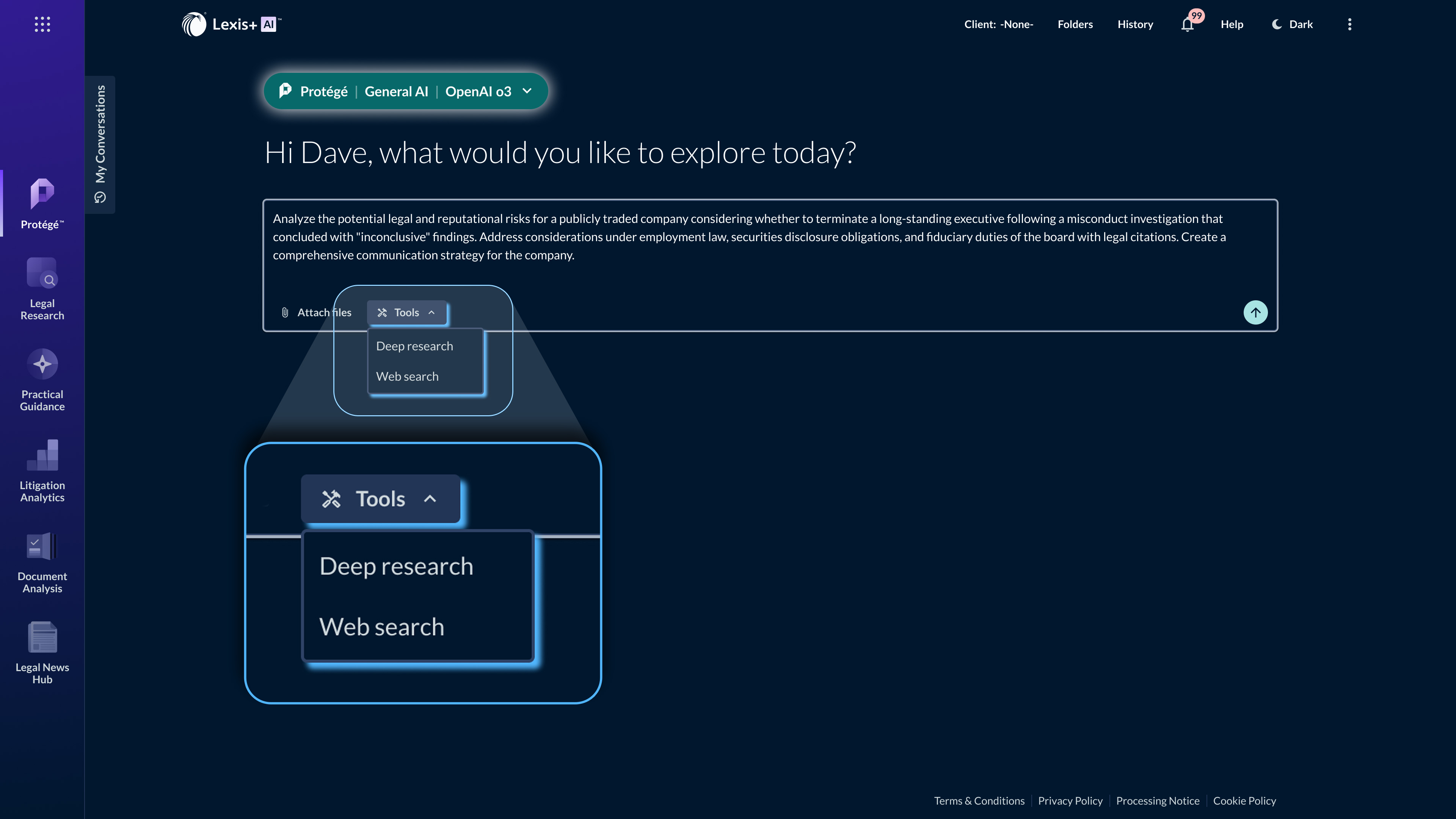 Protégé General AI - OpenAI o3 Deep Research screenshot courtesy of LexisNexis.