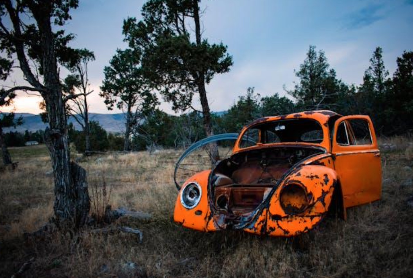Rusty orange VW Beetle; image by j.mt_photgraphy, via Pexels.com.