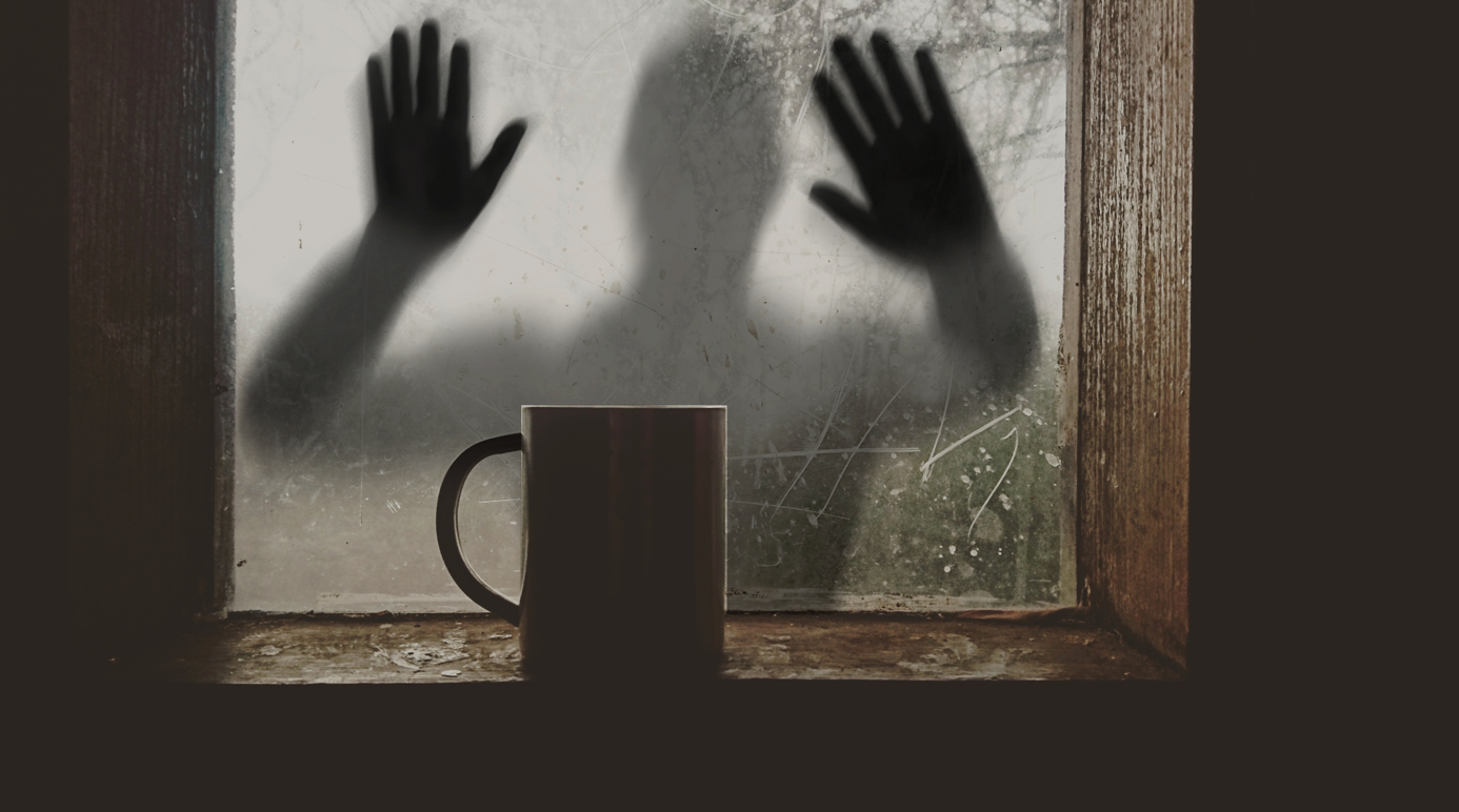 Unknown figure outside door, hands on window; image by Hansuan_Fabregas, via Pixabay.com.