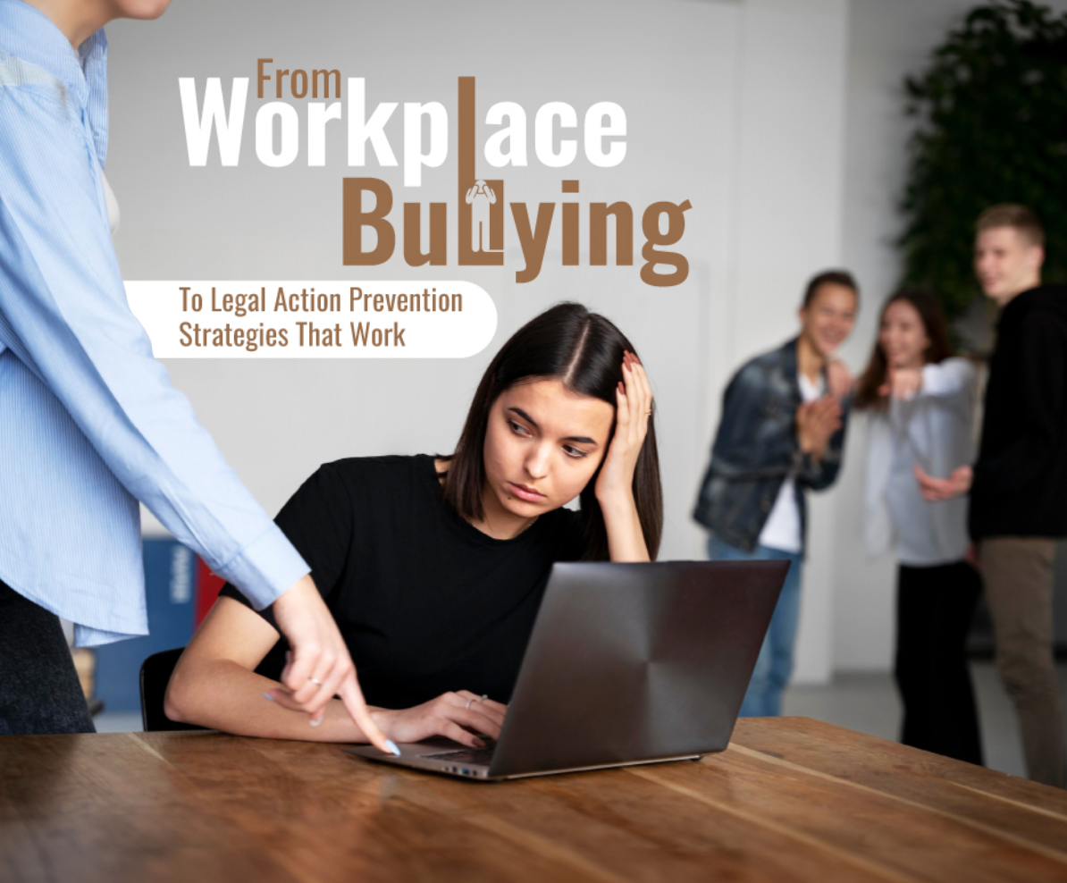 Woman at desk being bullied at work, others watching and laughing; image by Freepik, via Freepik.com. Text added by author.