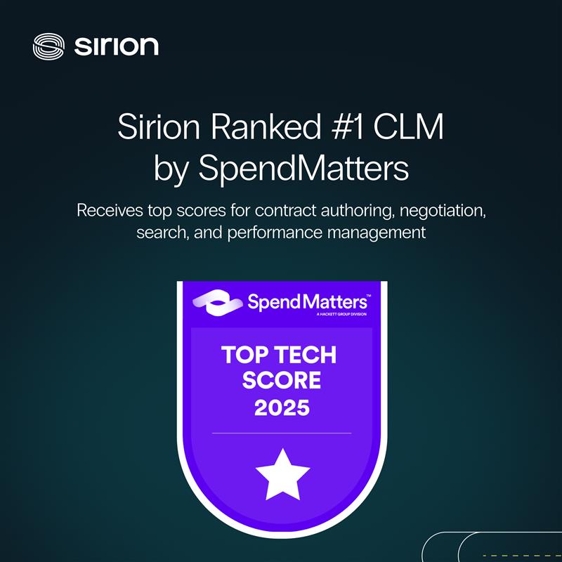 Sirion ranked #1 CLM by SpendMatters starred ribbon graphic from press release.