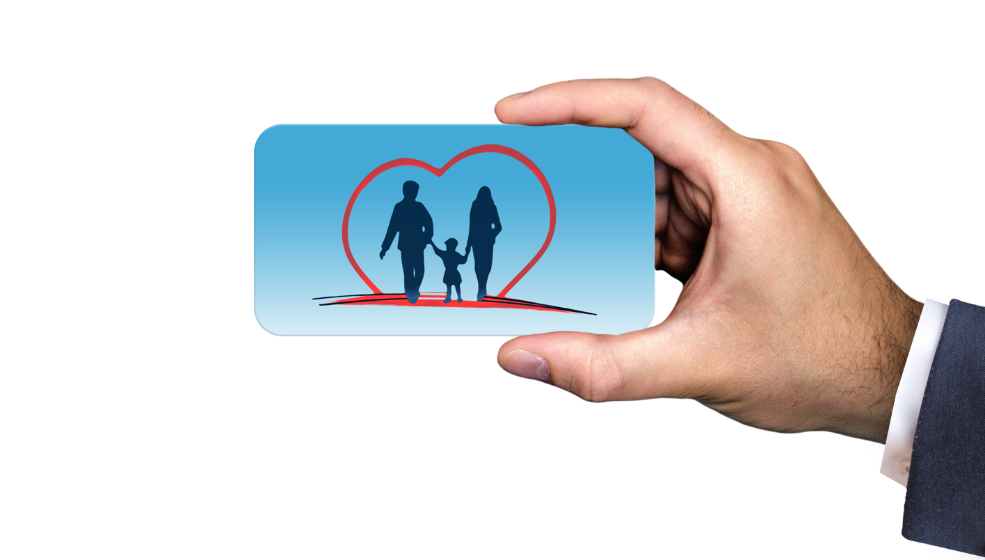 Man's hand holding business card that shows a man, woman, and child walking hand-in-hand and surrounded by a heart shape; image by geralt, via Pixabay.com.