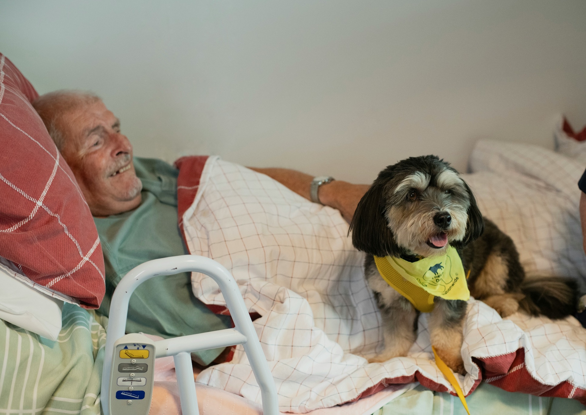 Elderly man and dog resting in bed; image by Age Cymru, via Unsplash.com.