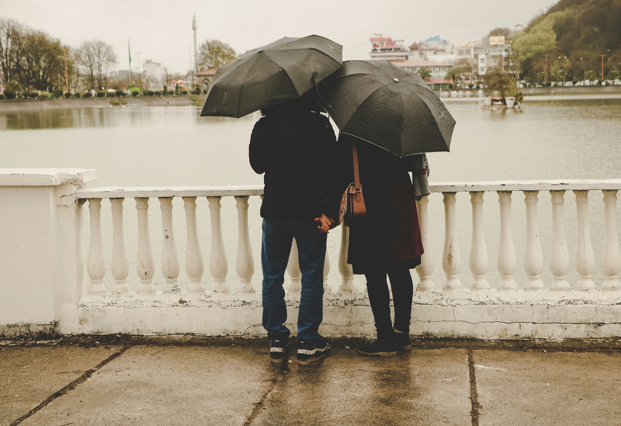 Man and woman, backs to camera, holding hands on bridge while holding each other's hands; image by Romina Ahmadpour, via Unsplash.com.