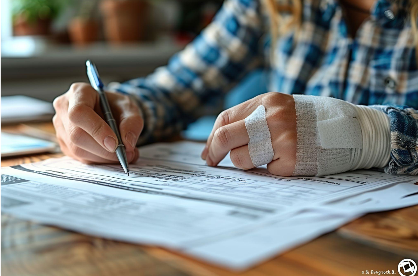 Man with injured arm filling out insurance claim form at desk; image by degimages, via Freepik.com.