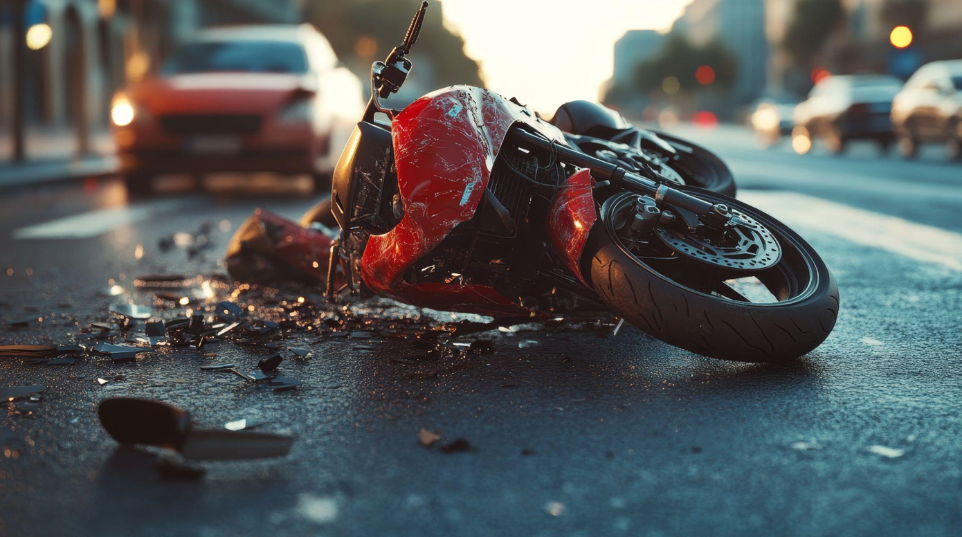 Red motorcycle laying smashed on the road with a car behind it; image by platonovsochi, via Freepik.com.