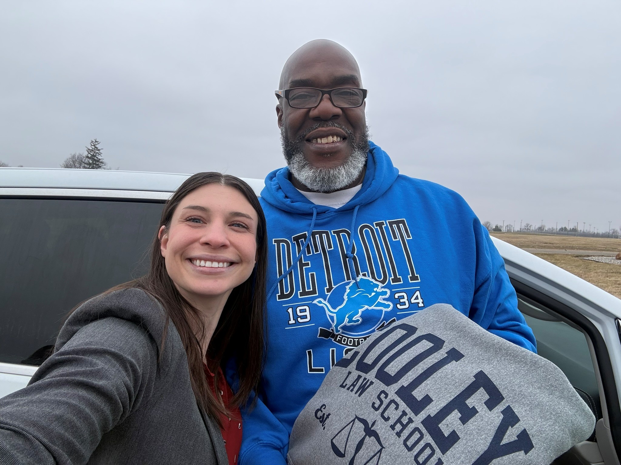 George Calicut Jr. and Jessa Webber, the Cooley Innocence Project attorney who represented him, are pictured following Calicut’s release from the Lakeland Correctional Facility on March 3, 2026. Image from press release.
