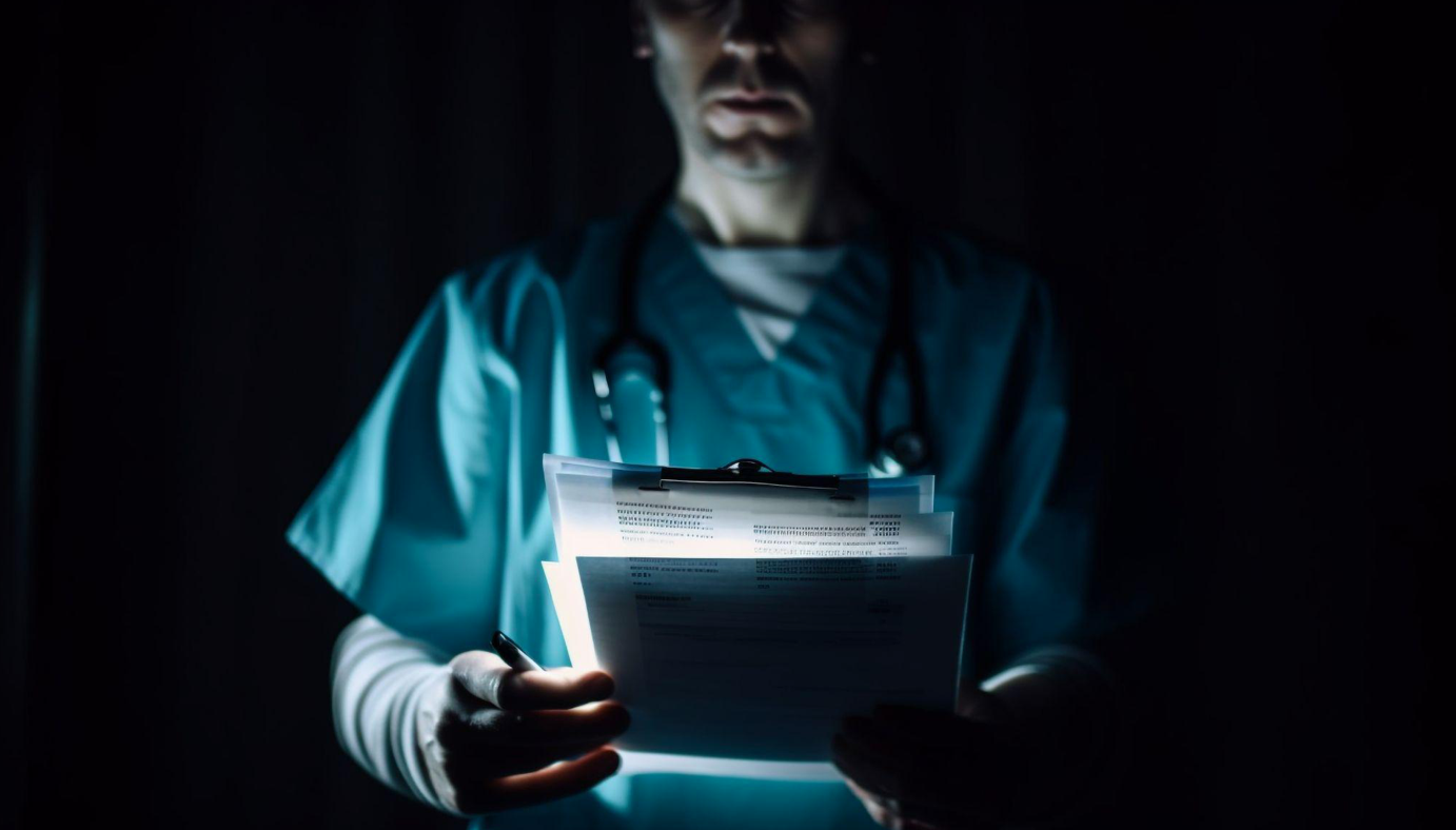 Doctor in the dark reading a backlit chart; image AI-generated by vecstock, via Freepik.com.