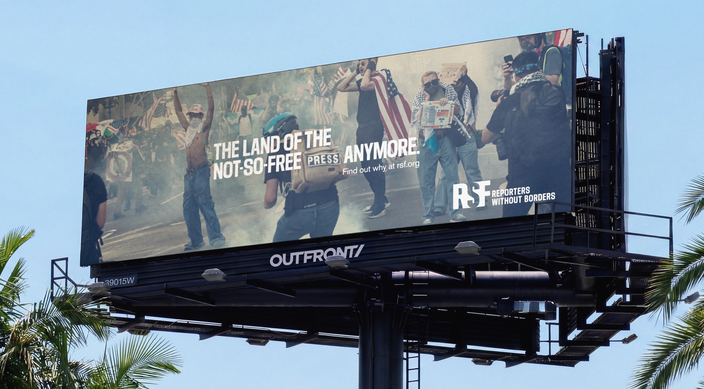 Billboard from RSF located near Mar-a-Lago saying The Land of the Not-So-Free Press Anymore. Image from press release.