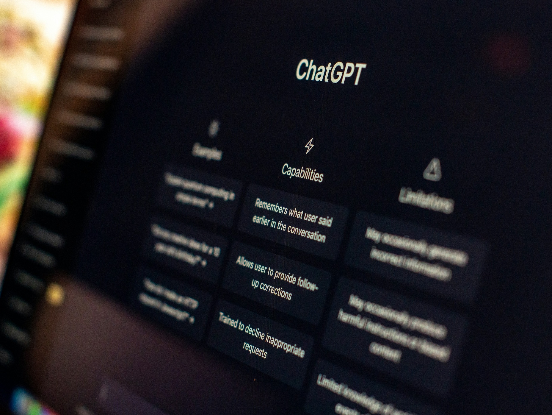 Close up of Chat GPT menu on laptop; image by Emiliano Vittoriosi; via Unsplash.com.