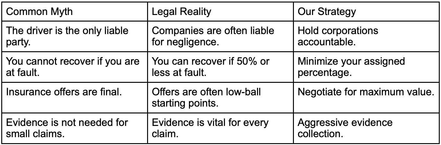 Common Myth, Legal Reality, Our Strategy; table by author.