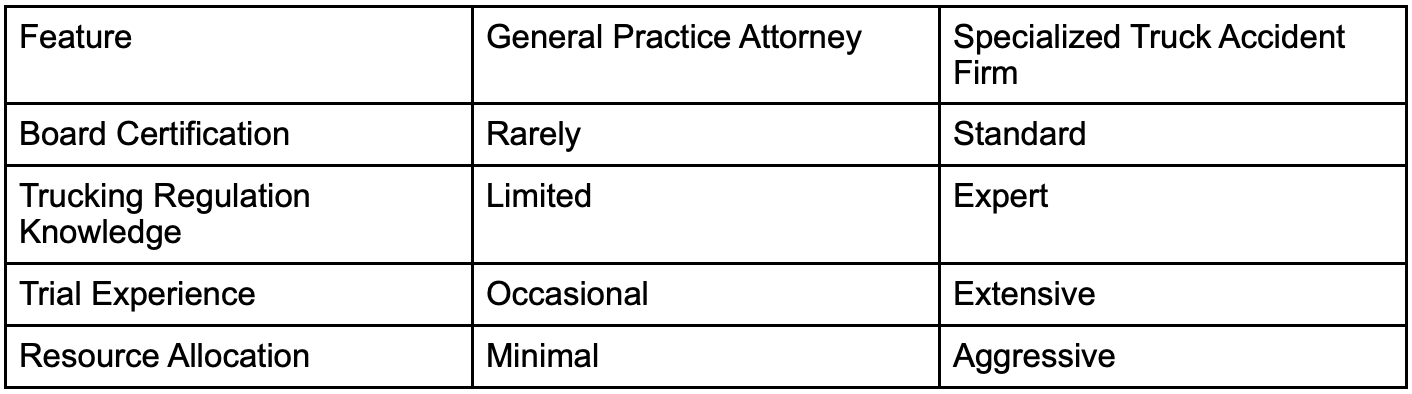 Feature, General Practice Attorney, Specialized Truck Accident Firm; table by author.