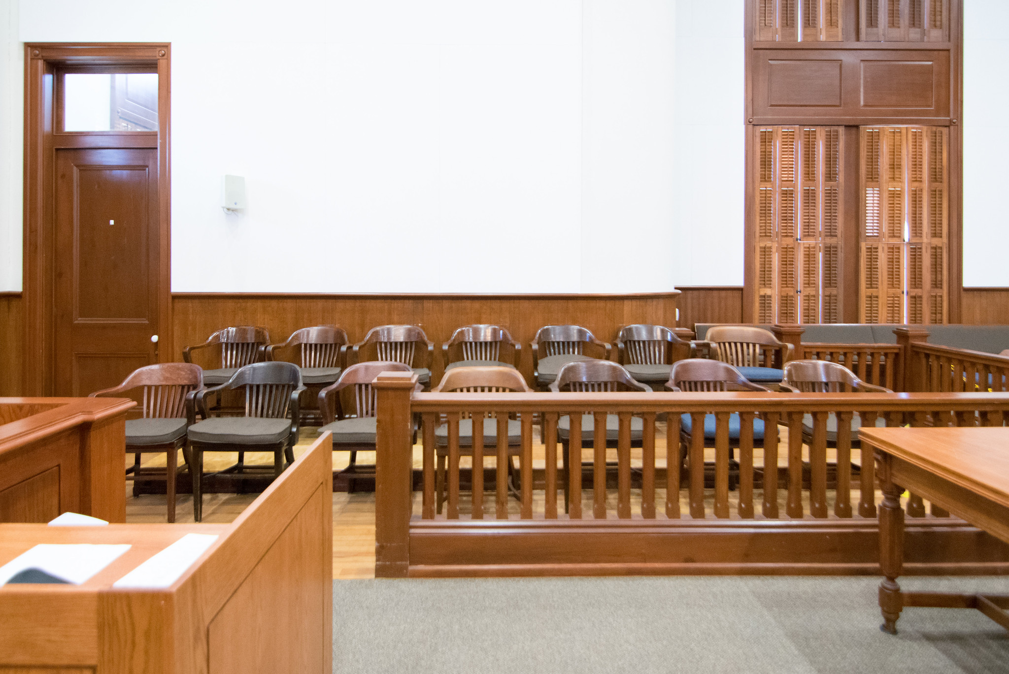 Jury Box, Courtroom, Wharton County Courthouse, Wharton, Texas; image by Patrick Feller, via Flickr.com, CC BY 2.0 no changes.
