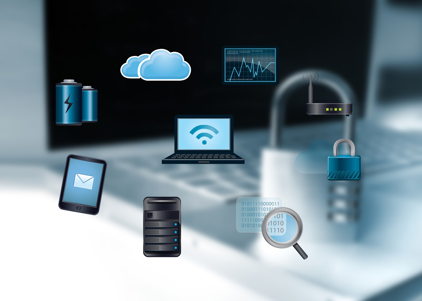 Laptop and padlock as blurry background with icons of various types of devices in the foreground; image by Blue Coat Photos, via Flickr.com; CC BY-SA 2.0.