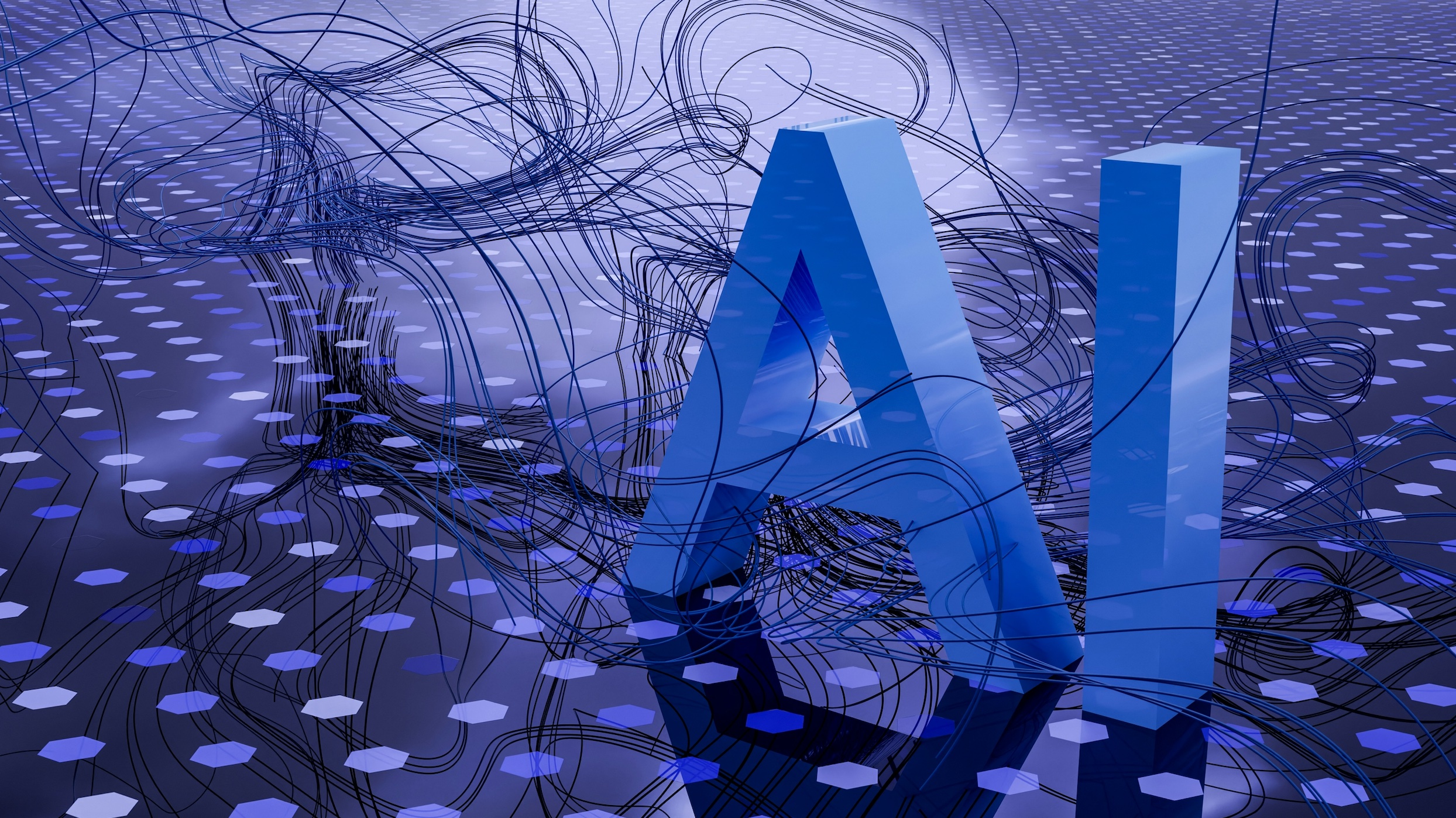 3D rendered AI text on dark digital blue background with black lines swirling around it; image by Steve A. Johnson, via Unsplash.com.
