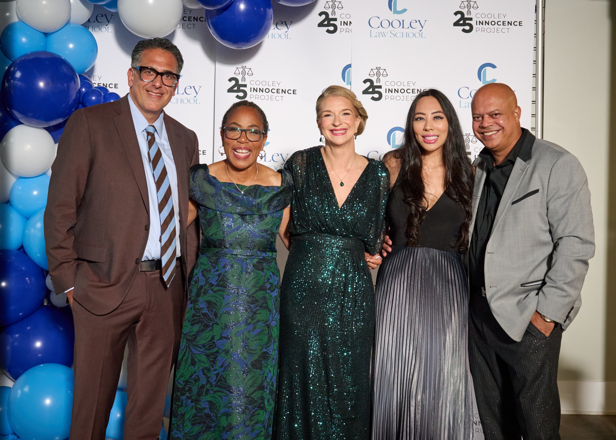 L-R: NBC News journalist and “Dateline NBC” producer Dan Slepian, Associate Dean and Cooley Innocence Project Co-Director Tracey Brame, Innocence Project Co-Director Ann Garant, Geri Tu (guest of JJ Velazquez), and exoneree JJ Velazquez; image courtesy of Cooley Law School.